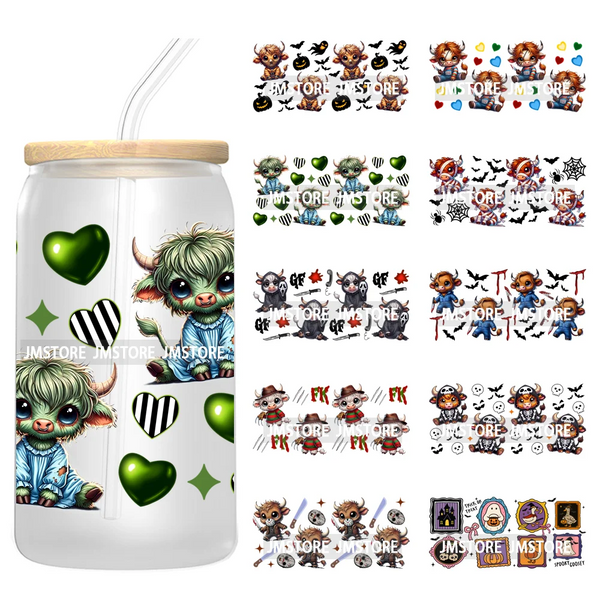 Highland Cow Horror Killer Halloween UV DTF Stickers Ready To Apply Cup Wrap Custom Labels DIY Craft For 16OZ Libbey Can Glass