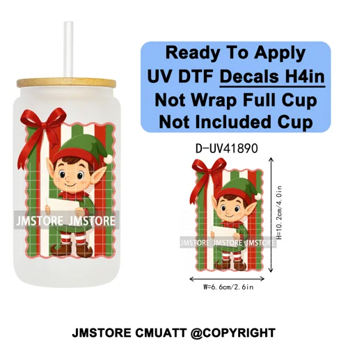 Preppy Christmas Stamps Xmas Card UV DTF Transfer Stickers Decals Ready To Apply Waterproof For 16OZ Libbey Glass Can Tumbler