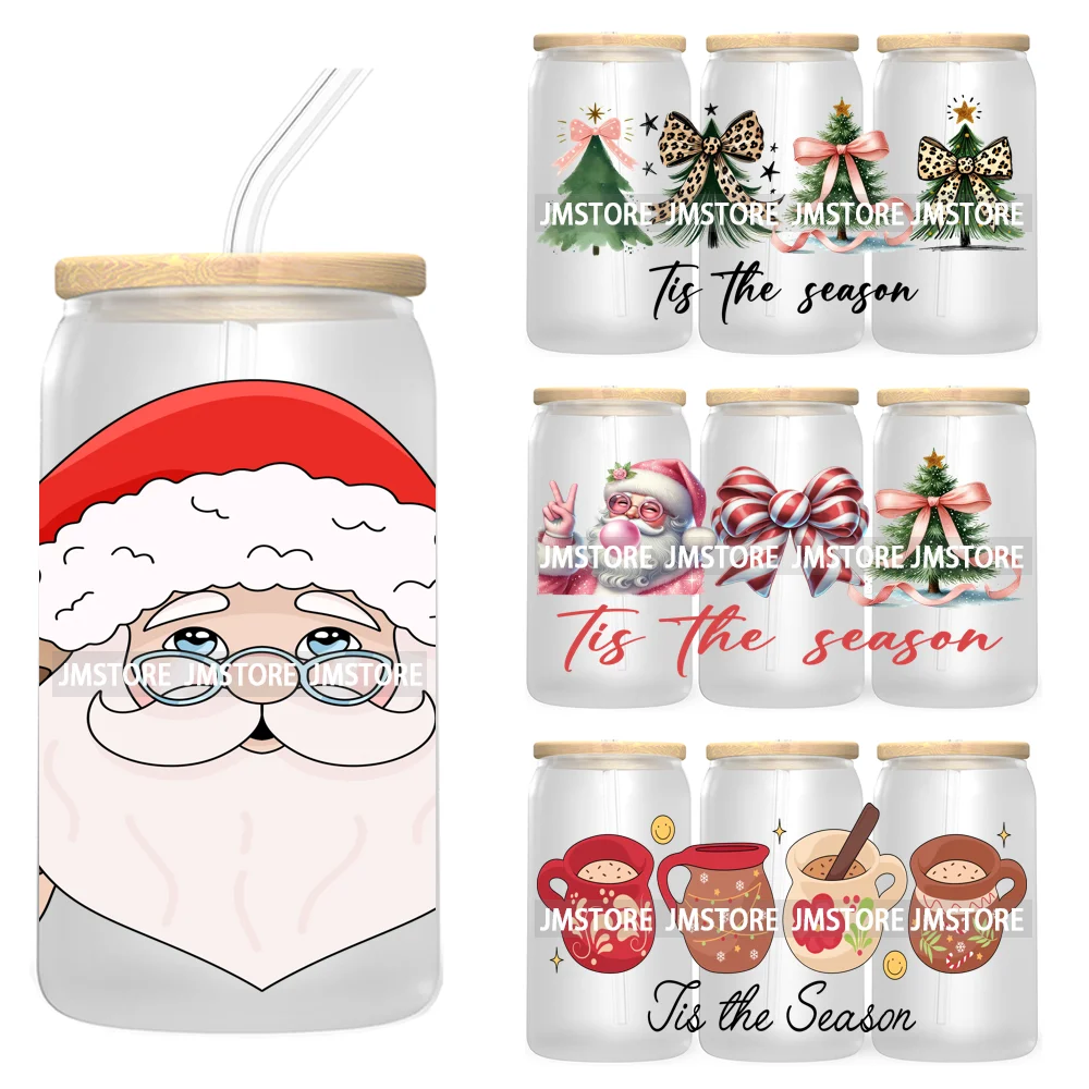 Tis The Season Christmas Tree Santa Coquette Cow 16OZ UV Cup Wrap DTF Transfer Sticker For Libbey Glass Can Cup Tumbler New Year