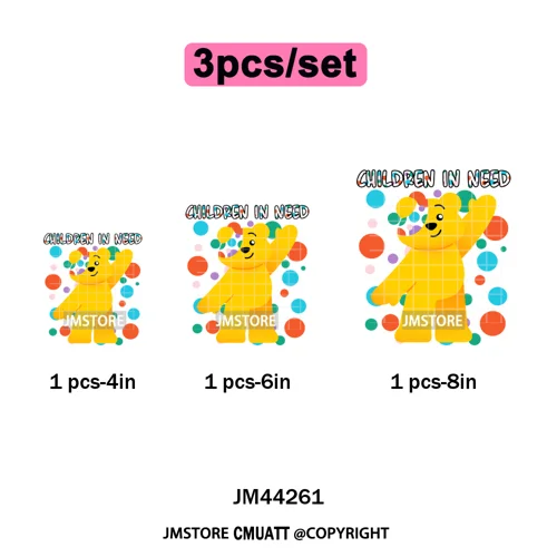 Cute Cartoon Bear Children in Need Charity Raising Kids Iron on Washable DTF Heat Transfers Stickers Ready to Press for Textiles