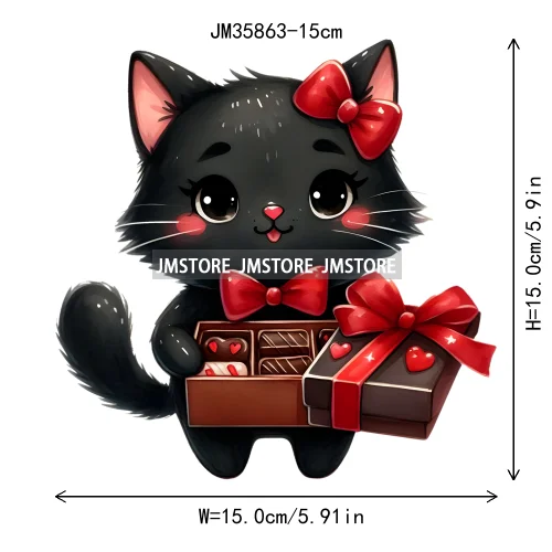 15cm 5.9in Kids Cute Flower Heart Love Valentine Black Cat Iron On Heat Transfer Sticker For Clothes Print Vinyl Washable Decal