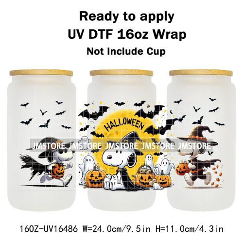 Spooky Ghost Halloween Pumpkin Cartoon Dog 16OZ UV DTF Cup Wraps Ready To Apply Waterproof Transfer Sticker For Libbey Glass Can