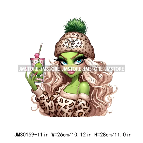 Green Bougie Lady Coffee Leopard Christmas Holiday Season Iron On DTF Transfers Stickers Ready To Press For T-shirts Bags