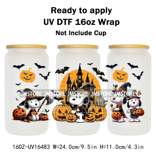Spooky Ghost Halloween Pumpkin Cartoon Dog 16OZ UV DTF Cup Wraps Ready To Apply Waterproof Transfer Sticker For Libbey Glass Can