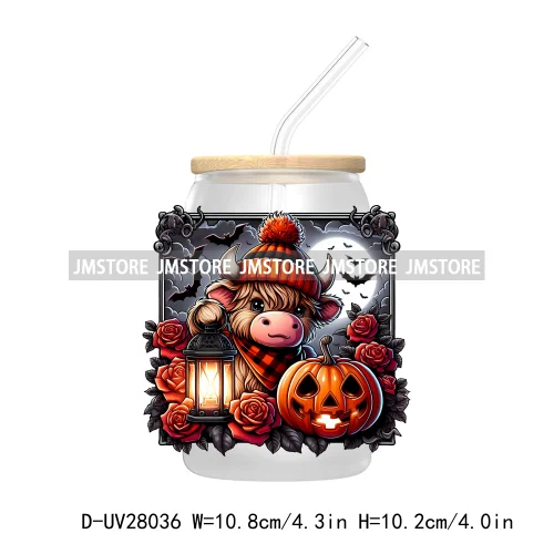 Cartoon Halloween Highland Cow UV DTF Transfer Stickers Decals For Libbey Cold Cups Mug Tumbler High Quality Labels Spooky Skull