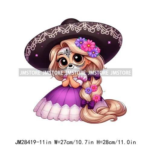 Colorful Day Of The Dead Catrina Princess Baby Girl Sombrero Hat Mexico Conchas Iron On DTF Heat Transfers Stickers For Clothing