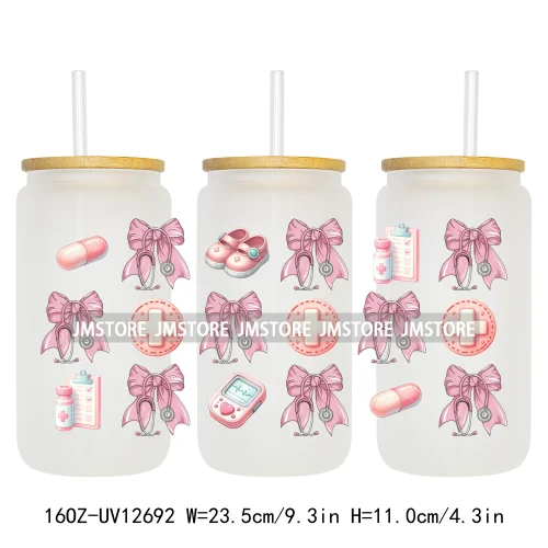 Nurse Life Quotes Coquette Heart Stethoscope Bow 16OZ UV Cup Wrap DTF Transfer Stickers Logo For Libbey Glass Can Cups Tumbler