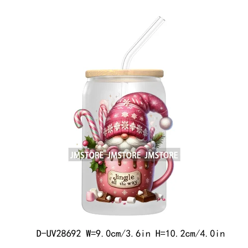 Festive Christmas Gnome Candy Cane UV DTF Transfer Stickers Decals For Libbey Cold Cups Mugs Tumbler Labels Cartoon Characters