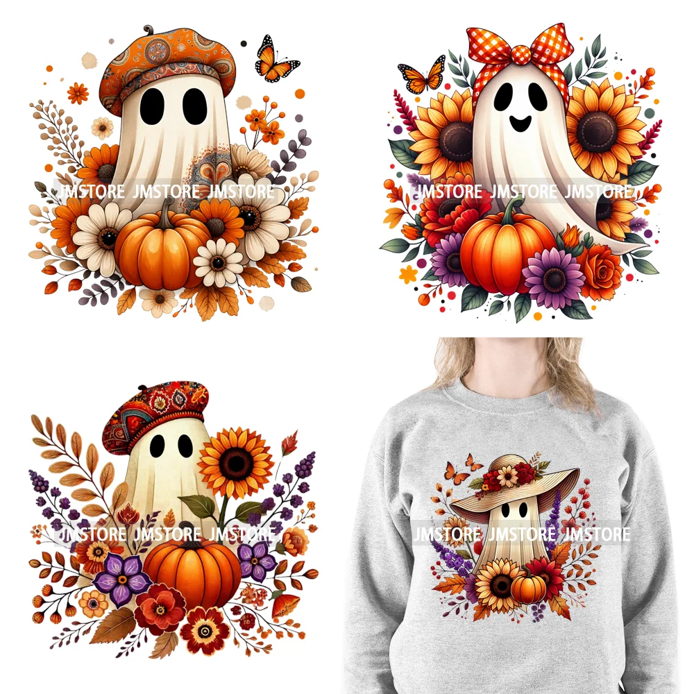 Cute Fall Florals Spooky Ghost Halloween Pumpkins Leaves Autumn  Iron On DTF Transfers Stickers Ready To Press For T-shirts Bags