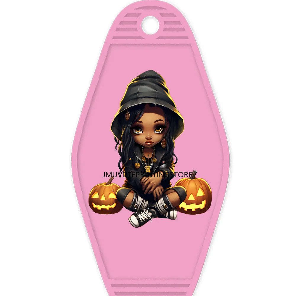 Halloween Pumpkin Cute Afro Girls High Quality WaterProof UV DTF Sticker For Motel Hotel Keychain Festival Gifts