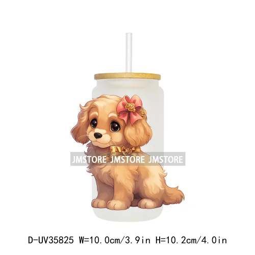 Cute Puppy Coquette Bow Baby Dog UV DTF Transfer Stickers Decals Ready To Apply Waterproof For 16OZ Libbey Glass Can Cup Tumbler