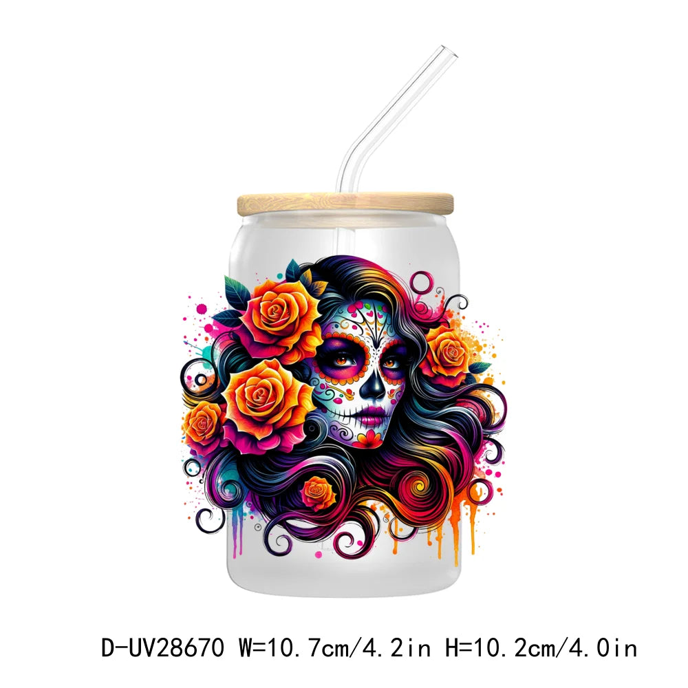 La Mexicana Latina Tarot Card UV DTF Transfer Stickers Decals For Libbey Cold Cups Mugs Tumbler Waterproof Floral Sugar Skulls