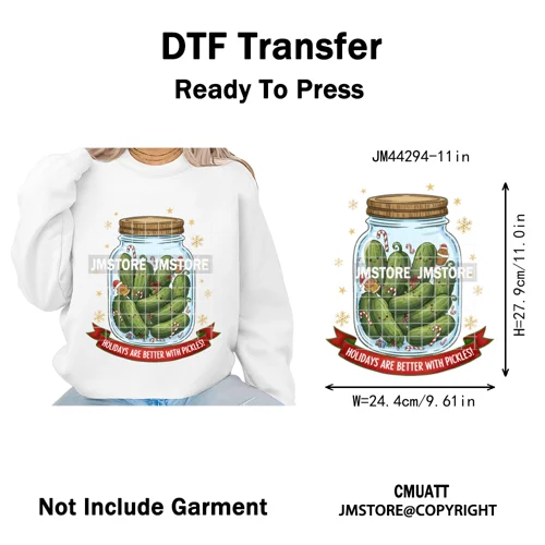 Merry Pickles Christmas Xmas Cucumber Holiday Santa Iron on Washable DTF Heat Transfer Stickers Ready to Press for T-shirts Bags