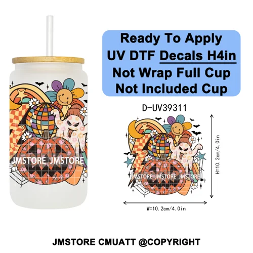 Stay Spooky Halloween Horror Pumpkin Coquette UV DTF Decals Ready To Apply Waterproof Transfer Sticker For 16OZ Libbey Glass Can