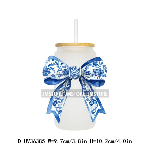Blue Chinoiserie Coquette Bow UV Sticker Decals For Libbey Cold Cups Mug Tumbler Transfer Stickers Waterproof Top Quality Prints