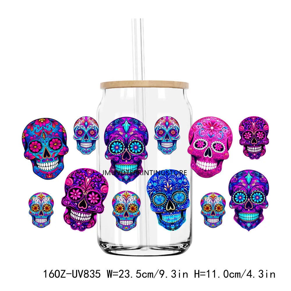 Mexican Sugar Skull 16OZ UV DTF Cup Wrap Transfers Stickers Custom Labels DIY Durable Waterproof Logo For Libbey Glass Can