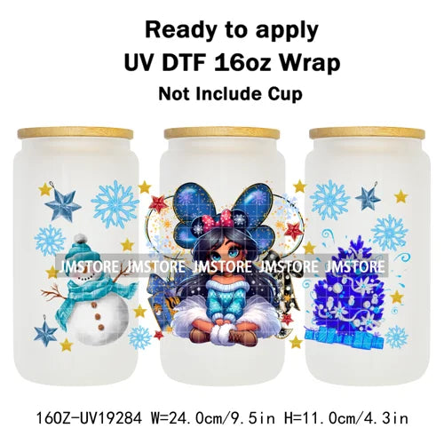 Christmas Couple Cartoon Princess UV DTF Cup Wrap Ready To Apply Transfer Sticker Custom 16OZ Tumbler Wraps For Libbey Glass Can