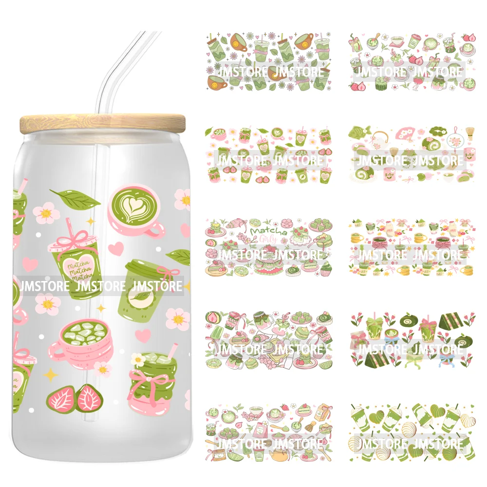 Coquette Green Tea Iced Matcha Latte UV DTF Wrap Transfer Sticker Selfadhesive Waterproof High Quality For 16OZ Libbey Glass Can
