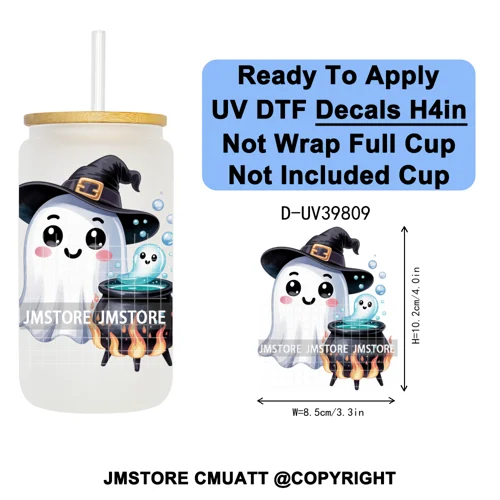 Cute Halloween Witch Ghost Sweet Boo UV DTF Decals Ready To Apply Waterproof Transfer Stickers Prints For 16OZ Libbey Glass Can