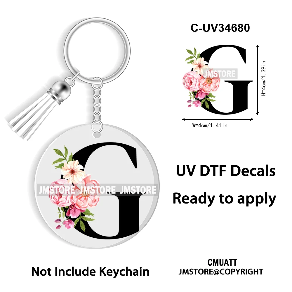 Floral Whole Entire Alphabet Flowers Black Letters Monogram WaterProof UV DTF Stickers For Round Circle Acrylic Keychain Keyring