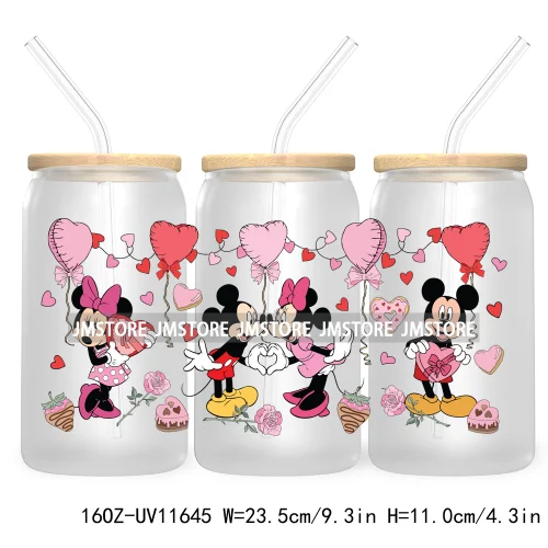 Cute Cartoon Couple XOXO Valentine's Day UV DTF Cup Wrap Transfer Stickers For 16OZ Libbey Glass Can Cupid Vibes Love Hearts