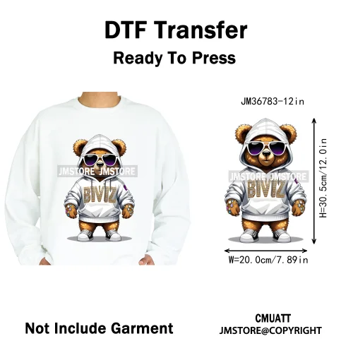 12in Cartoon Gangster Hip Hop Streetwear Teddy Bear Lover Designs Iron on DTF Heat Transfers Stickers Ready to Press for Hoodies