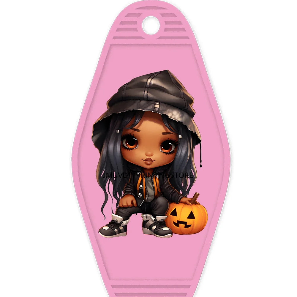 Halloween Pumpkin Cute Afro Girls High Quality WaterProof UV DTF Sticker For Motel Hotel Keychain Festival Gifts