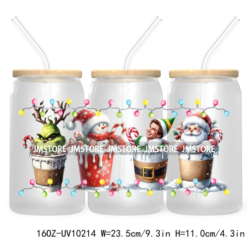 Christmas Lights Cartoon Coffee Cups 16OZ UV DTF Cup Wrap Transfer Stickers Custom Labels Waterproof Logo For Libbey Glass Can