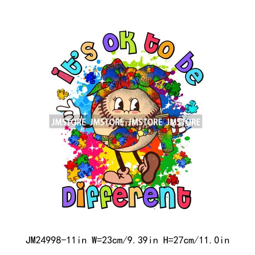 Colorful Autism Awareness Printing It's Okay To Be Different Iron On Heat Press DTF Transfer Stickers Ready To Press For Clothes