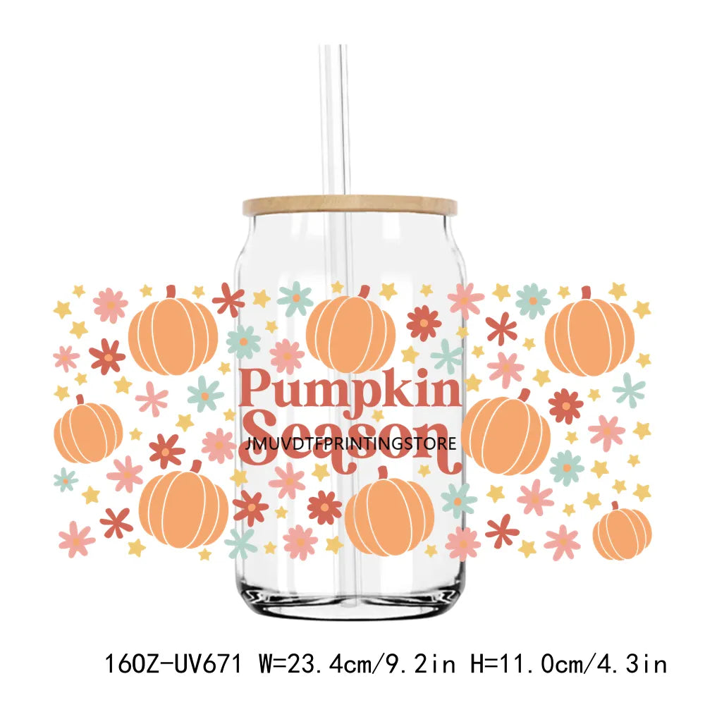 Fall Season Autumn Pumpkin 16OZ UV DTF Cup Wrap Transfers Stickers DIY Durable Waterproof Logo For Libbey Glass Can