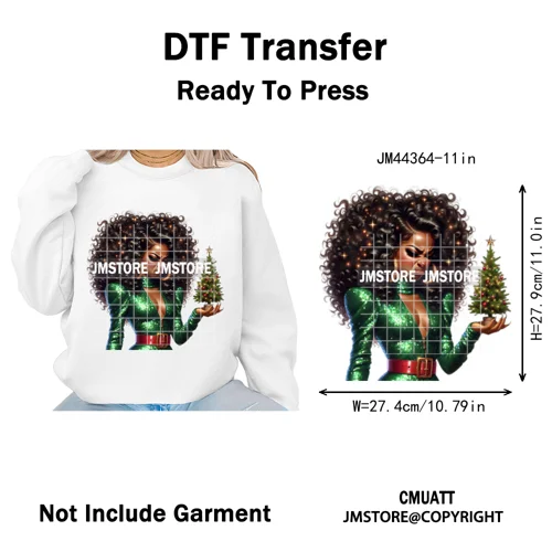 Funny Xmas Afro Glam Girly Gifts Holly Christmas Light Iron on Washable DTF Heat Transfers Stickers Ready to Press for Clothes