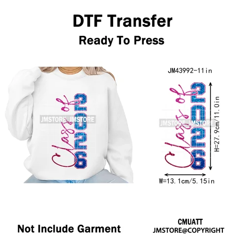 Faux Glitter Senior Class of 2026 High School Graduate Reunion Iron on Washable DTF Transfer Stickers Ready to Press for Clothes