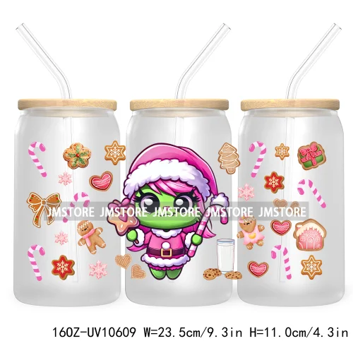 Cute Baby Green Character Christmas Season 16OZ UV Cup Wrap DTF Transfer Stickers For Libbey Glass Can Cups Tumbler Coquette Bow