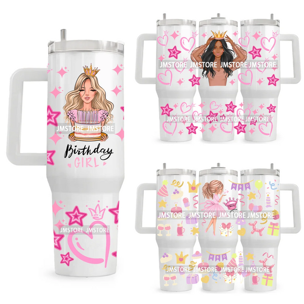 40OZ Tumbler Wrap Birthday Girl Cake Party UV DTF Cup Wraps Transfer Stickers Custom Labels Waterproof Logo Cute Queen Princess