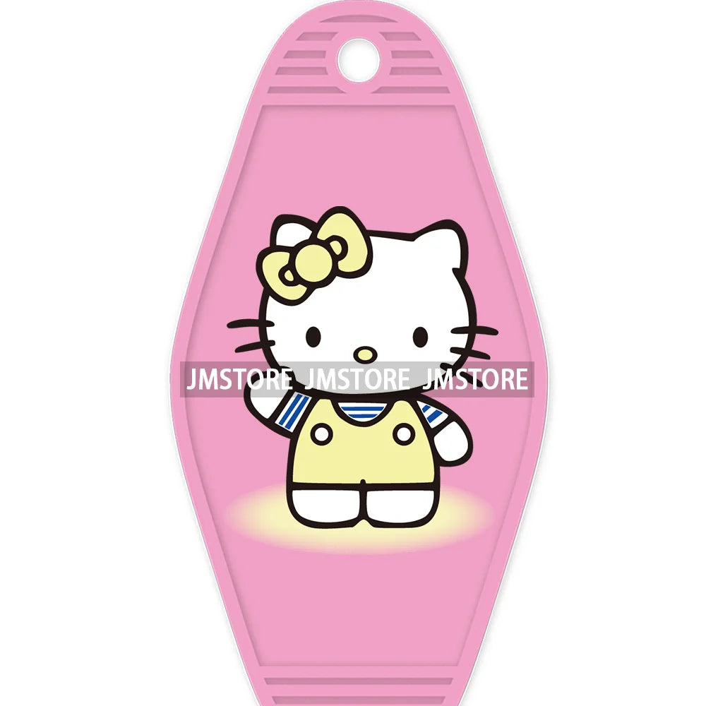 Cute Cartoon Pink Hello Cat With Bow Flower High Quality WaterProof UV DTF Sticker For Motel Hotel Keychain Labels DIY Logo