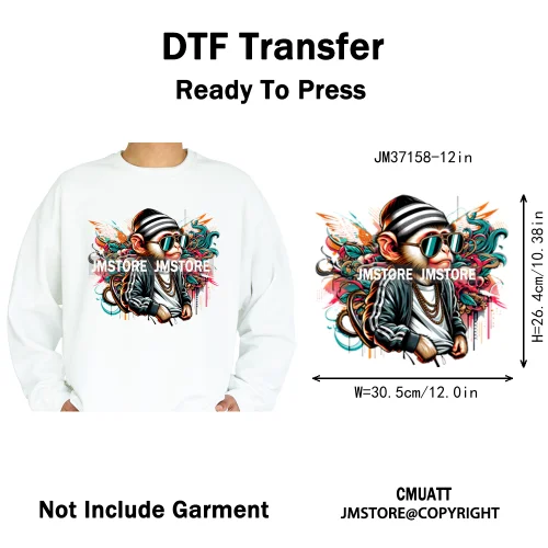 12in Colorful Gangster Urban Hip Hop Music Panda Dog Animal Lover Iron on DTF Heat Transfer Stickers Ready to Press for Clothing