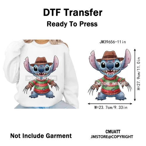 Spooky Scary Cute Cartoon Blue Animal Halloween Horror Vibes Iron on DTF Washable Transfers Stickers Ready to Press for Clothing