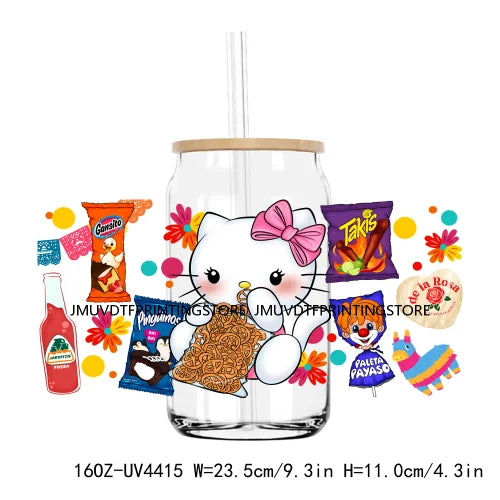 New Mexican Snacks Cartoon Cat Fiesta UV DTF Sticker For 16OZ Libbey Glass Cup Can Wrap Transfer Sticker Custom Labels DIY Logo