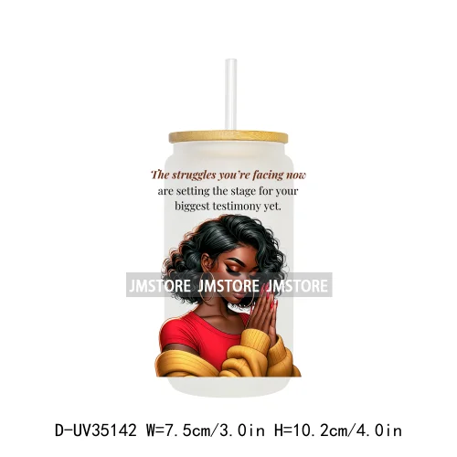 Christian Quotes Afro Pray Girl UV DTF Transfer Stickers Decals Ready To Apply Waterproof For 16OZ Libbey Glass Can Cups Tumbler