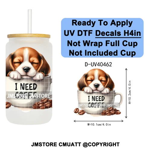Puppy Coffee Dog Cartoon Pet Lover UV DTF Decals Ready To Apply Waterproof Transfer Stickers For 16OZ Libbey Glass Can Tumbler