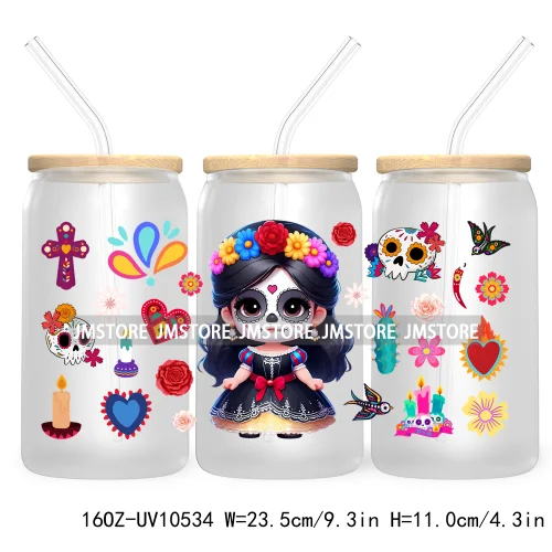 Dia De Los Muertos Mexican UV DTF Sticker For 16OZ Libbey Glass Cup Can Wrap Transfer Stickers Hispanic Halloween Sugar Skulls