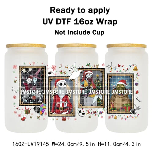 Horror Christmas Nightmare Character UV DTF Wrap Transfer Sticker Selfadhesive Waterproof High Quality For 16OZ Libbey Glass Can