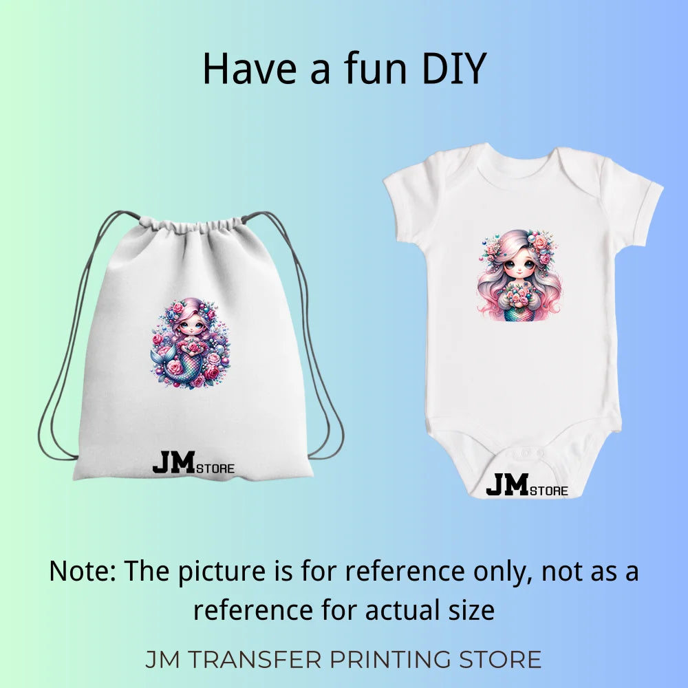 15cm 5.9in Cute Kid Flower Mermaid Iron On DTF Heat Transfer Sticker For Clothes Printed Thermal Applique Washable T-Shirt Decal