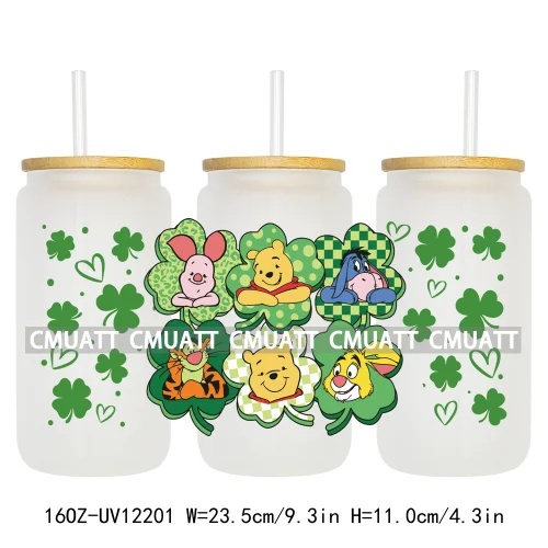 Cartoon St Patricks' Day Lucky Shamrock Animals 16OZ UV DTF Cup Wrap Sticker Custom Label Waterproof Logo For Libbey Glass Can