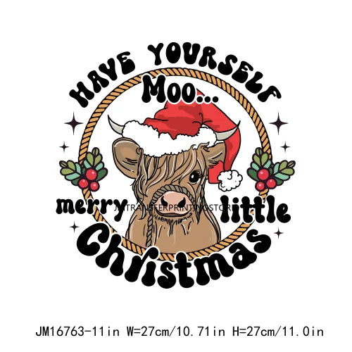 Retro Mooey Howdy Christmas Highland Cow Western Jingle Horse DTF Sticker Sorta Scary Sorta Merry Transfer Printing For Clothes