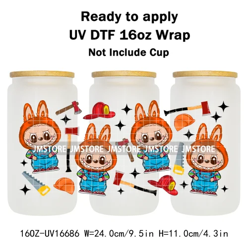 Laboo Cartoon Horror Halloween Characters 16OZ UV DTF Cup Wraps Ready To Apply Waterproof Transfer Stickers For Libbey Glass Can