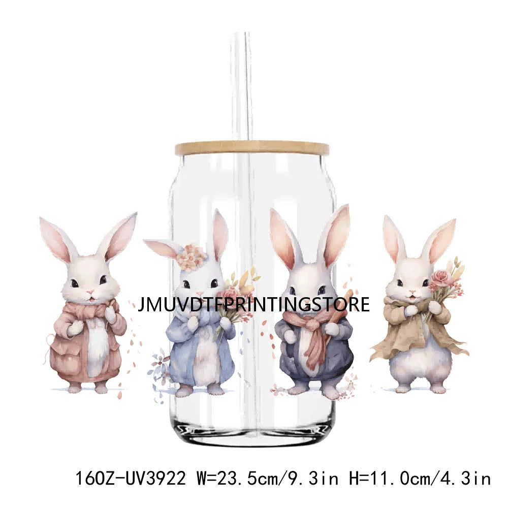 Cute Easter Bunny Rabbit With Flower 16OZ UV DTF Cup Wrap Transfer Sticker Custom Label DIY Waterproof Logo For Libbey Glass Can