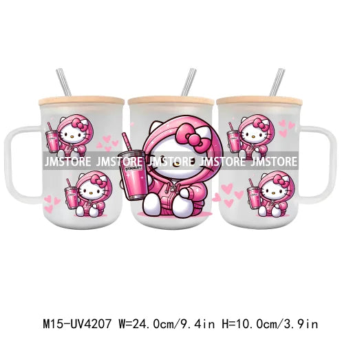 Cartoon Best Friends UV DTF Glass Can Wrap For 15OZ Mug Glass Cup Transfer Stickers DIY Custom Logo Labels Cute Cat Sunflowers