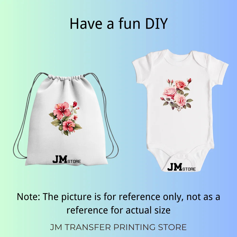 15cm 5.9in Kids Rose Flower Iron On DTF Heat Transfer Stickers For Clothes Printed Vinyl Thermal Applique Washable T-Shirt Decal