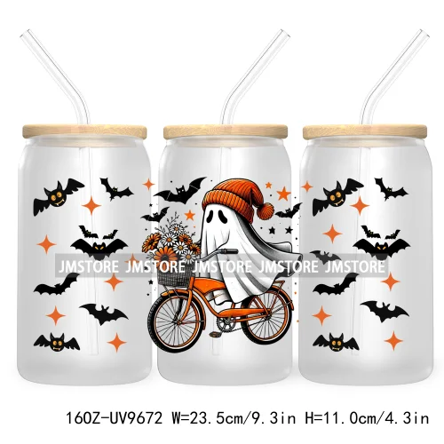 Spooky Ghost Fall Halloween Pumpkin Season UV DTF Sticker For 16OZ Libbey Glass Cup Can Autumn Leaves Wrap Transfer Stickers